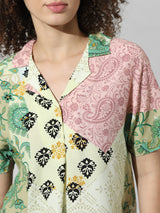 Women's Green Woven Casual Printed Cropped Half Sleeves Shirt