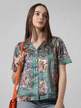 Women's Green Woven Casual Printed Regular Fit Half Sleeves Shirt