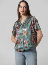 Women's Green Woven Casual Printed Regular Fit Half Sleeves Shirt