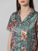 Women's Green Woven Casual Printed Regular Fit Half Sleeves Shirt