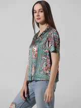 Women's Green Woven Casual Printed Regular Fit Half Sleeves Shirt