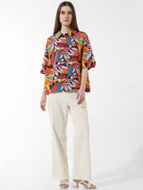 Women's Multicolor Woven Casual Printed Regular Fit Half Sleeves Shirt