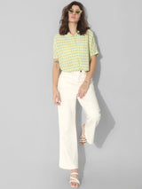 Women's Yellow Woven Casual Checked Cropped Half Sleeves Shirt