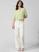 Women's Yellow Woven Casual Checked Cropped Half Sleeves Shirt
