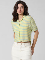 Women's Yellow Woven Casual Checked Cropped Half Sleeves Shirt