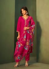 Women's Red Fusion Regular Fit Embroidered Three Quarter Sleeves Kurtas Sets