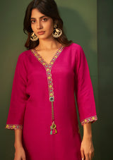Women's Red Fusion Regular Fit Embroidered Three Quarter Sleeves Kurtas Sets