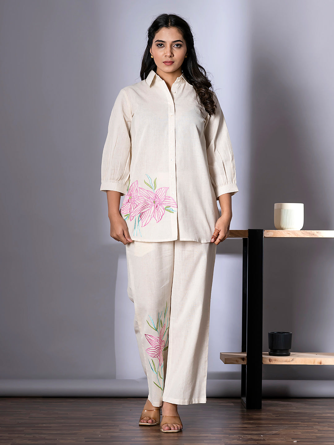 Women's White Work Regular Fit Embroidered Three Quarter Sleeves Co-Ord Sets