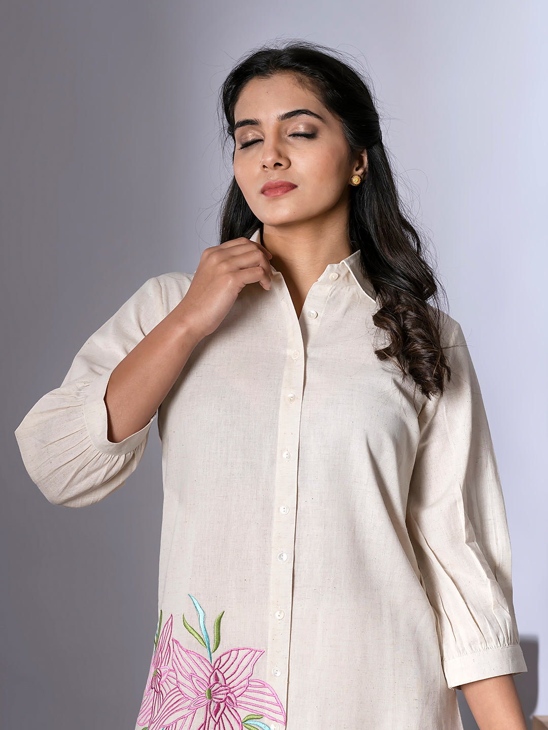 Women's White Work Regular Fit Embroidered Three Quarter Sleeves Co-Ord Sets