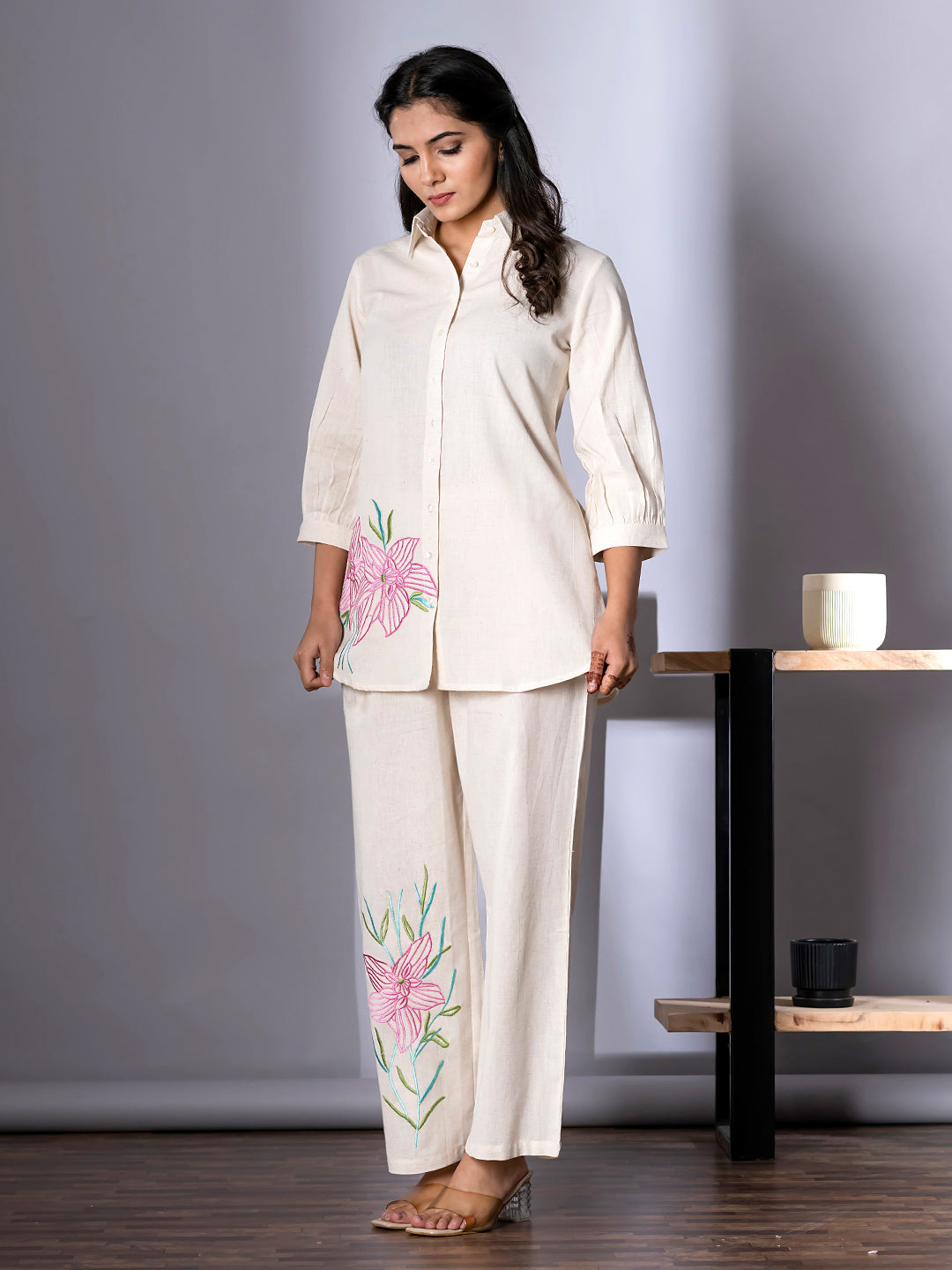 Women's White Work Regular Fit Embroidered Three Quarter Sleeves Co-Ord Sets
