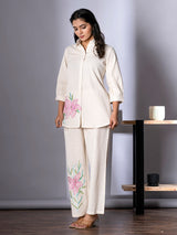 Women's White Work Regular Fit Embroidered Three Quarter Sleeves Co-Ord Sets
