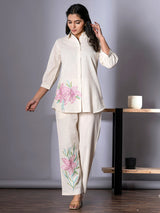 Women's White Work Regular Fit Embroidered Three Quarter Sleeves Co-Ord Sets