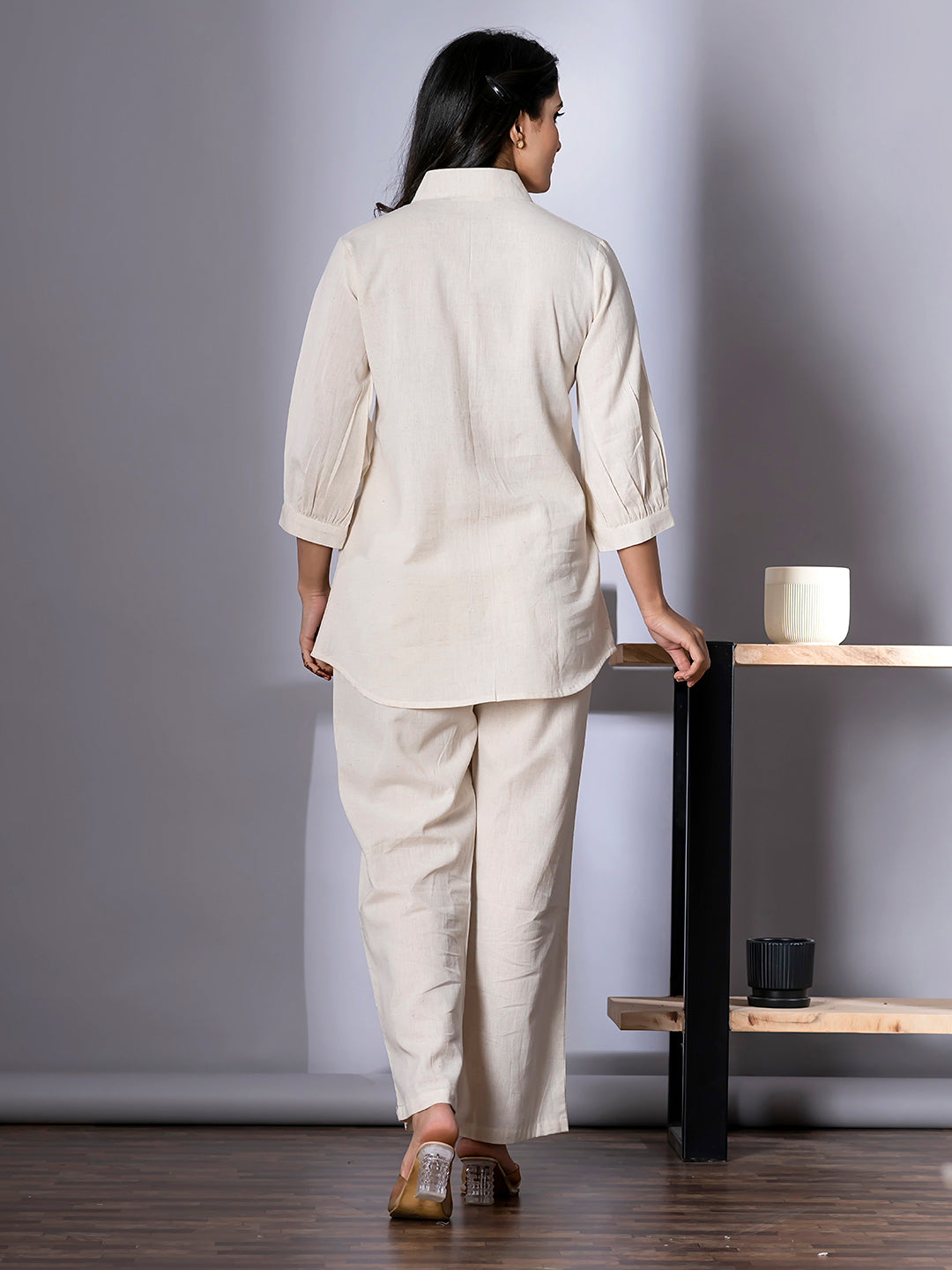 Women's White Work Regular Fit Embroidered Three Quarter Sleeves Co-Ord Sets