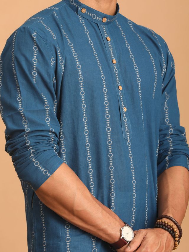 Men's Blue Woven Jacquard Kurta