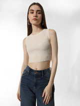 Women's White Knitted Casual Solid Cropped Sleeveless Top