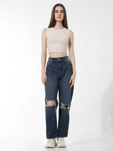 Women's White Knitted Casual Solid Cropped Sleeveless Top