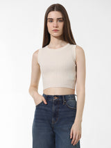 Women's White Knitted Casual Solid Cropped Sleeveless Top