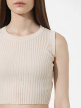 Women's White Knitted Casual Solid Cropped Sleeveless Top