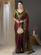 Women's Georgette Red Woven Design Designer Saree with Blouse Piece