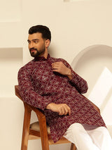 Men's Maroon Cotton Silk Thread Embroidered Long Kurta with Golden Accents