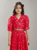 Girls Red Printed Crop Top with Elasticated Waistband Palazzo