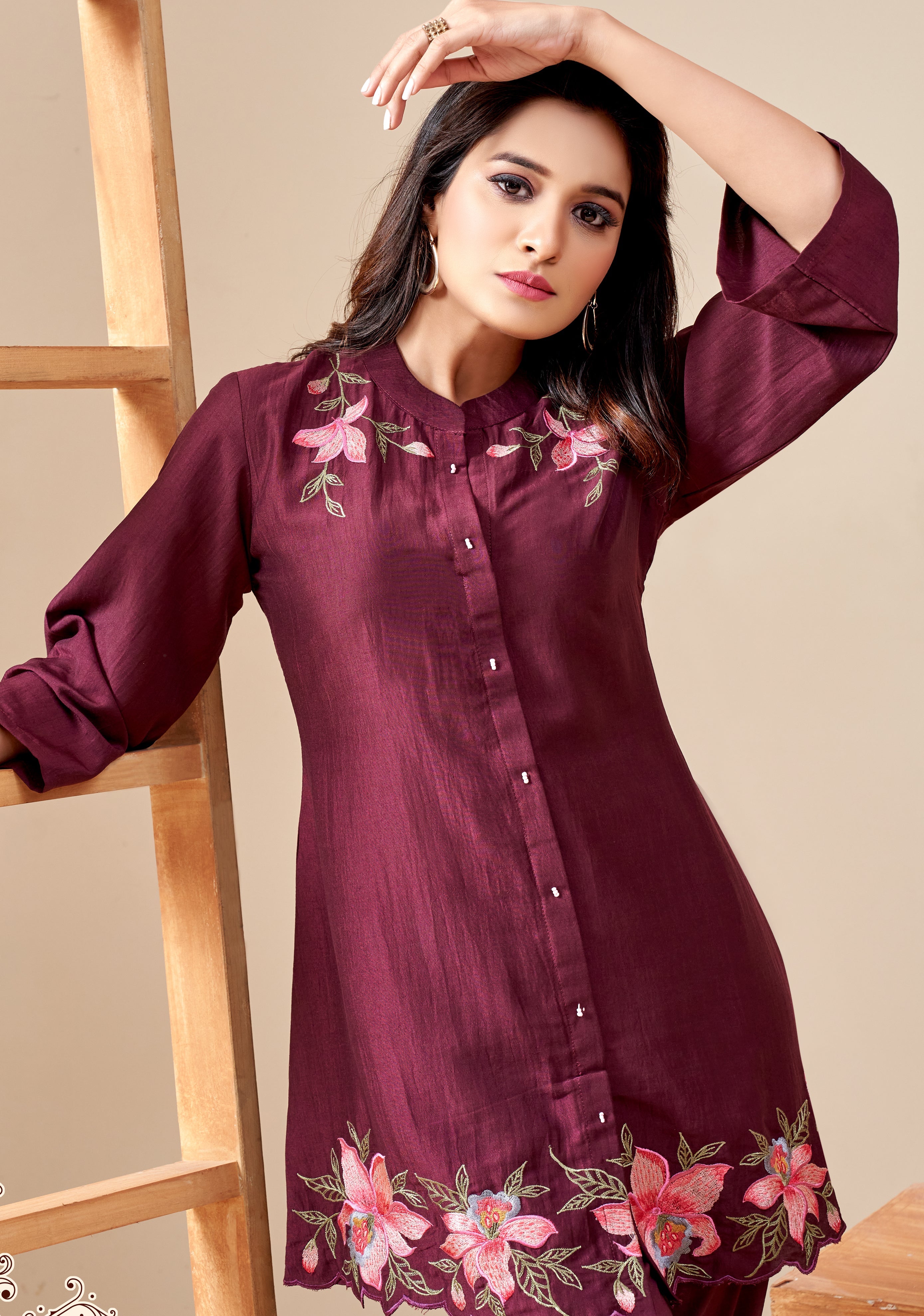 Women's Red Work Regular Fit Embroidered Three Quarter Sleeves Co-Ord Sets
