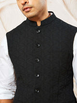 Men's Black Suiting Fabric Embossed Work Full Sleeves Nehru Jacket