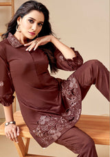Women's Brown Work Regular Fit Embroidered Three Quarter Sleeves Co-Ord Sets