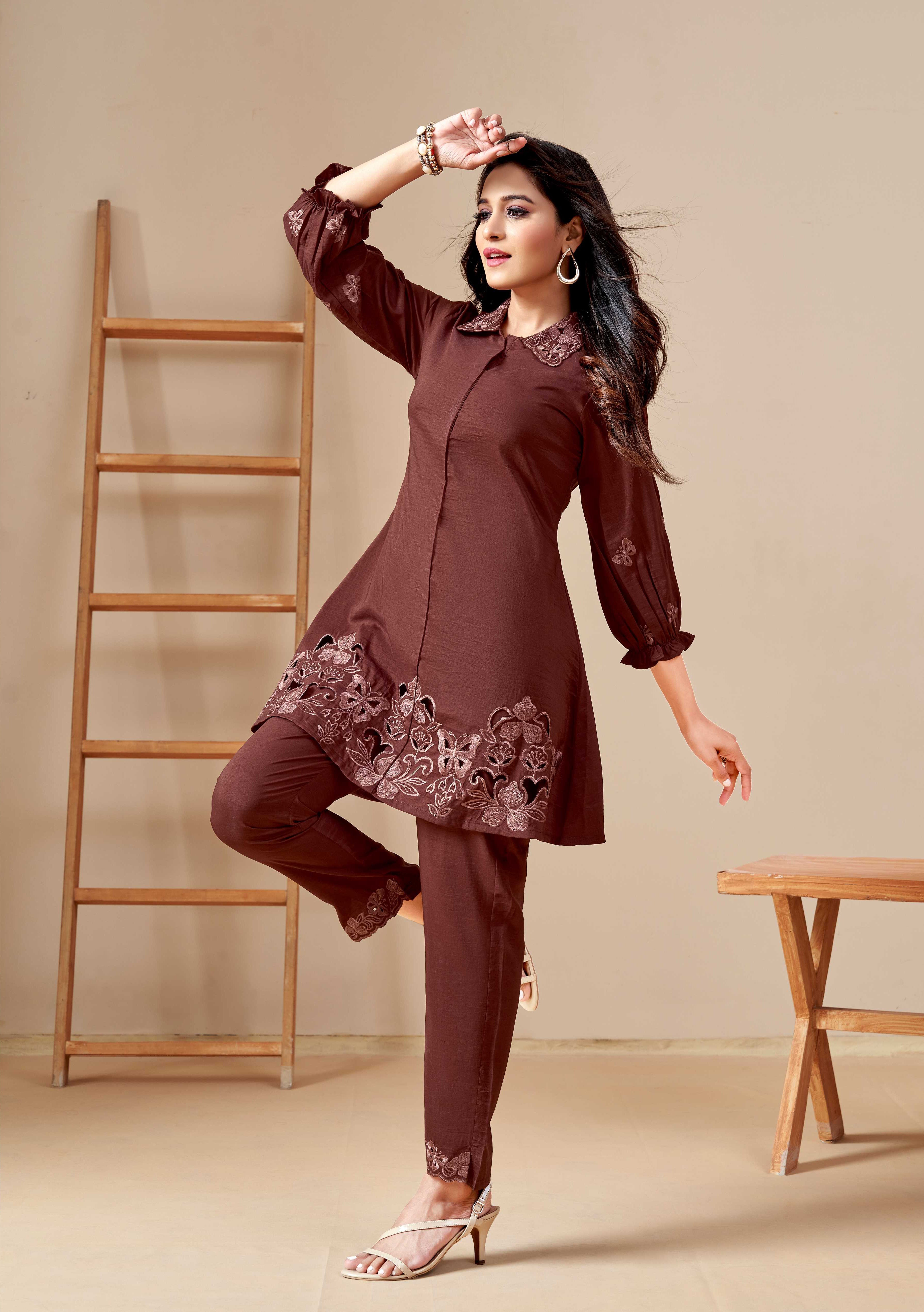 Women's Brown Work Regular Fit Embroidered Three Quarter Sleeves Co-Ord Sets