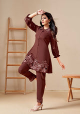 Women's Brown Work Regular Fit Embroidered Three Quarter Sleeves Co-Ord Sets