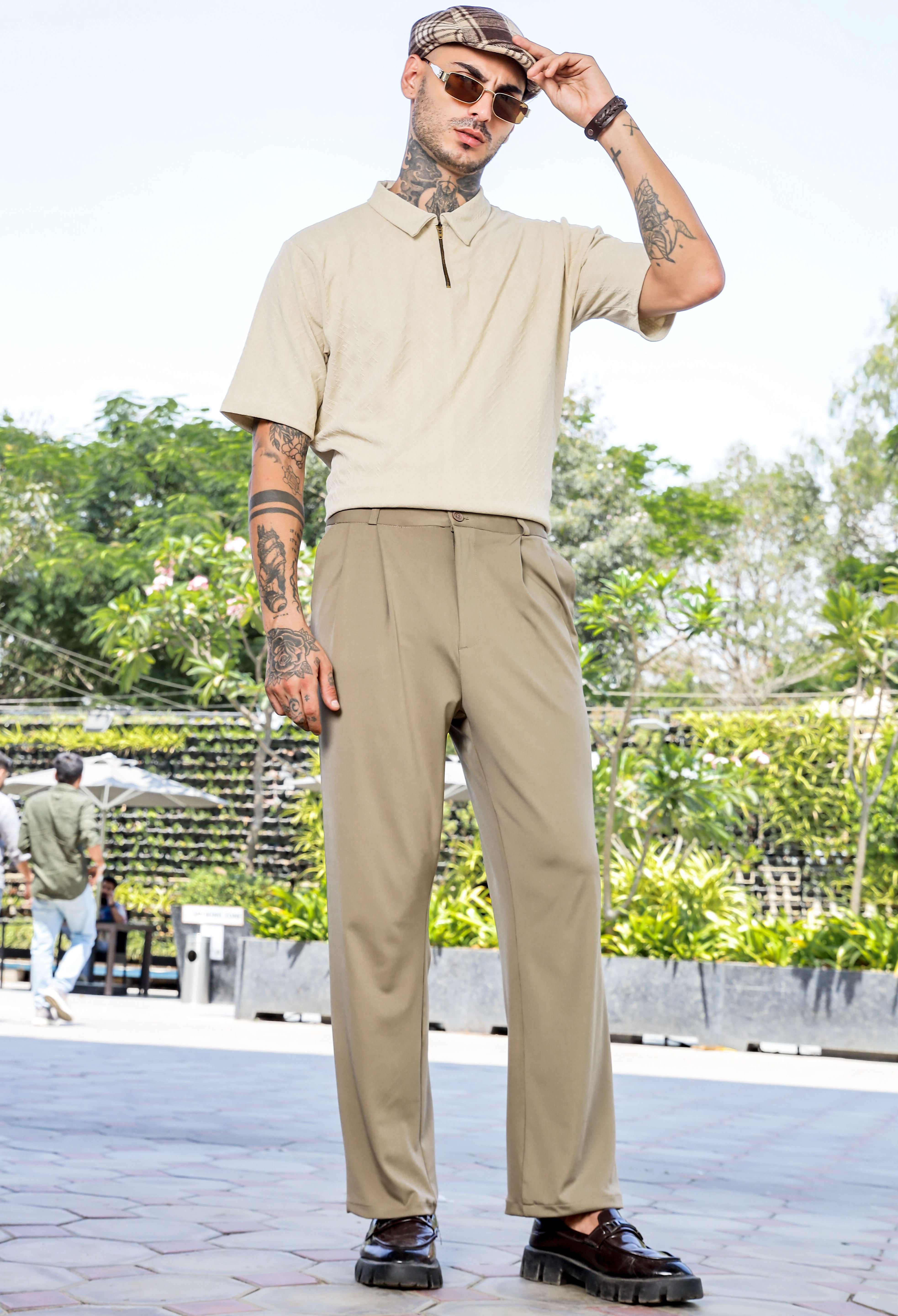 Unisex Beige Casual Straight Fit Mid Rise Korean Trouser