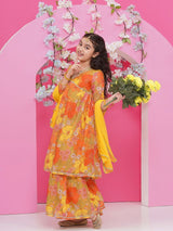 Girls Yellow Floral Printed Alia Design Kurta and Sharara With Dupatta