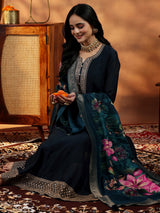 Women's Blue Floral Zari Embroidered Yoke Design Kurta With Trouser and Dupatta
