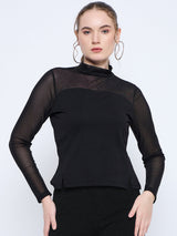 Women's Black Casual Full Sleeve Band Neck Embellished Solid Mesh Top
