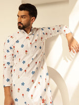 Men's White Cotton Daman Print Long Kurta with Krochet Embroidery