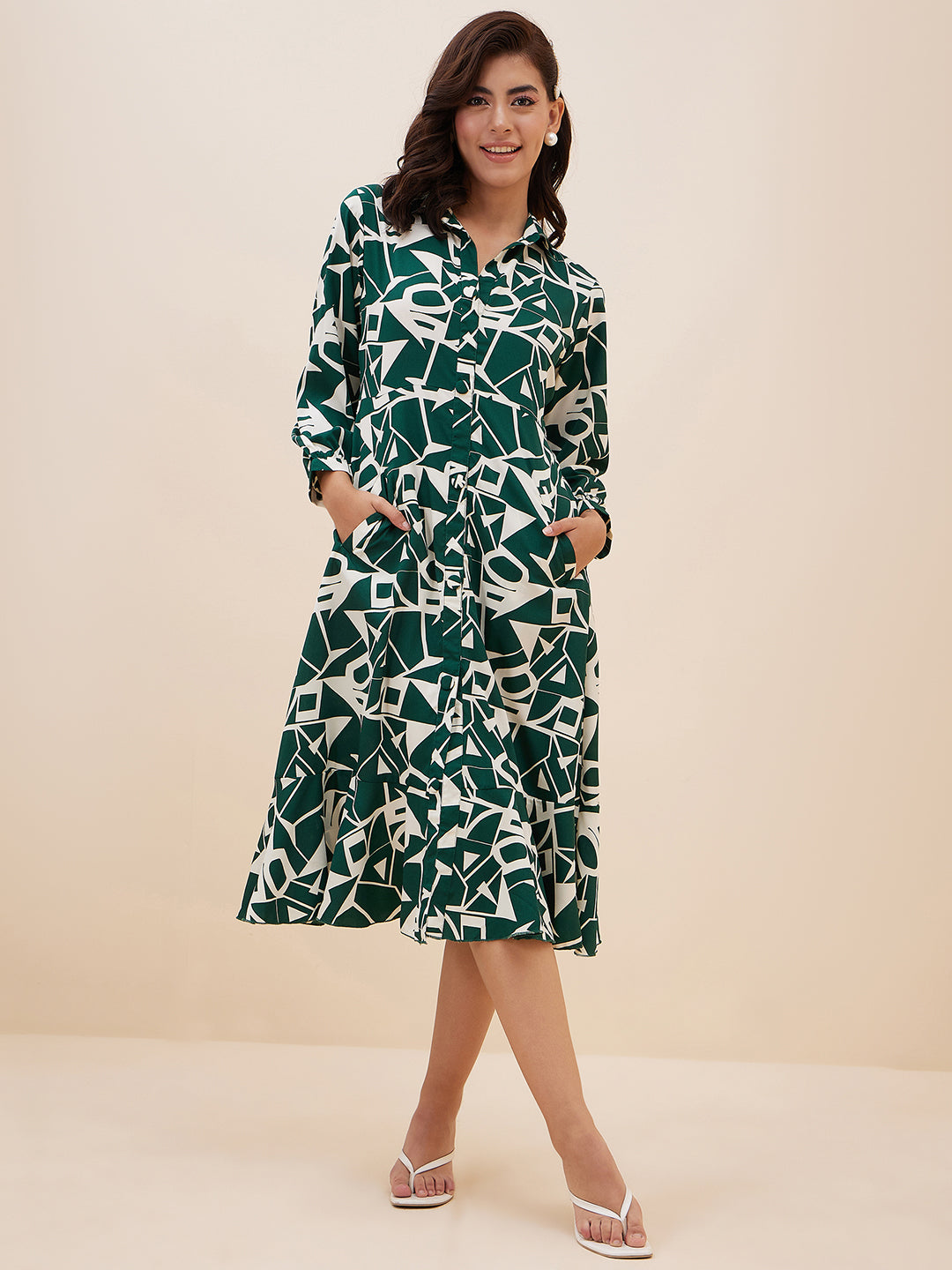 Women's Green Geometric Printed Shirt Midi Dress