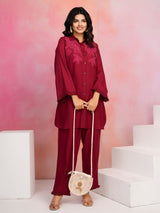 Women's Red Embroidered Viscose Rayon Co-ord Set