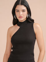 Women's Black Casual Self-Design Sleeveless Sweater