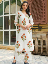 Women's White and Rust Bold Floral A-Line Kurta Set