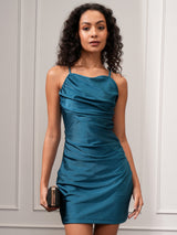 Women's Teal Party Satin Shoulder Straps Bodycon Dress
