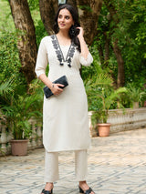 Women's Beige Geometry Embroidered Cotton Flex Kurta Set