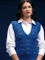 Women's Blue Casual Self-Design Sleeveless Sweater