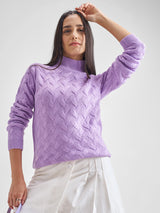 Women's Lavender Casual Self-Design Full Sleeves Sweater