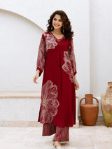 Women's Maroon Foil-Printed A-Line in German Rayon Kurta Set