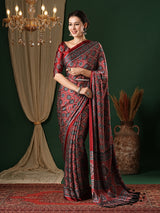 Women's Crepe Red Printed Designer Saree With Blouse Piece