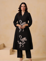Women's Black Embroidered Cotton Kurta Pant Set