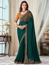 Women's Satin Silk Blue Embellished Designer Saree with Blouse Piece