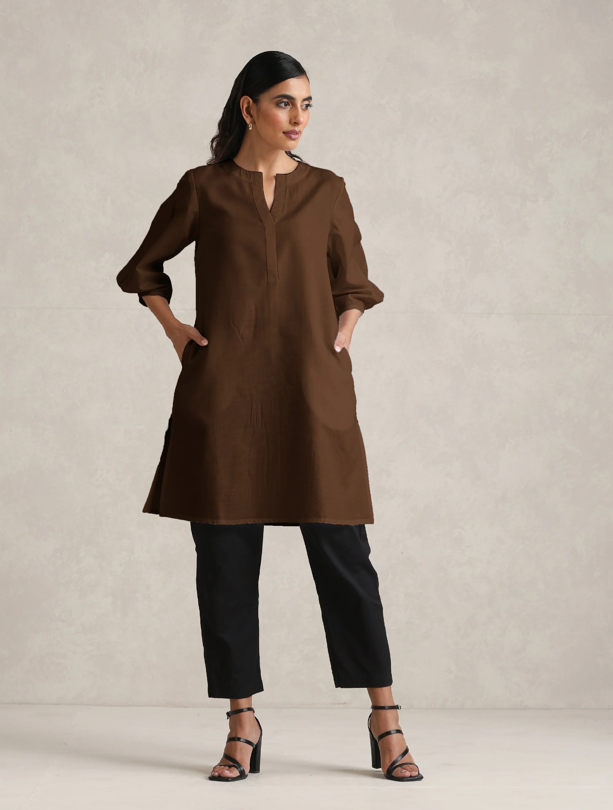 Women's Brown Cotton Blend Short Kurta