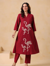 Women's Maroon Embroidered Cotton Kurta Pant Set