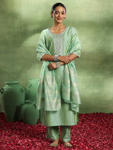 Women's Green Silk Blend Embroidered Yoke Design Straight Kurta and Trouser with Self Design Dupatta